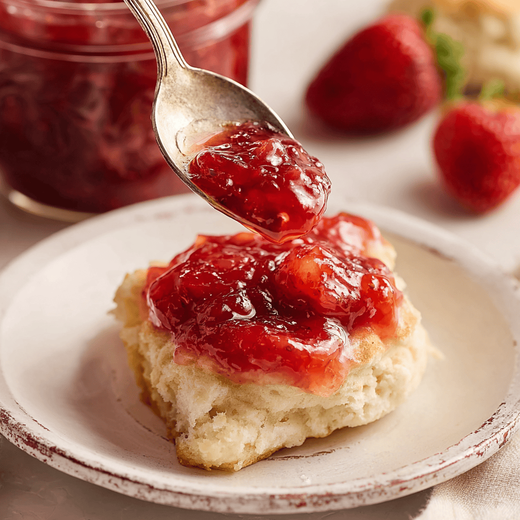 Fresh strawberry jam being spooned over a fluffy biscuit, perfect for strawberry dessert recipes.