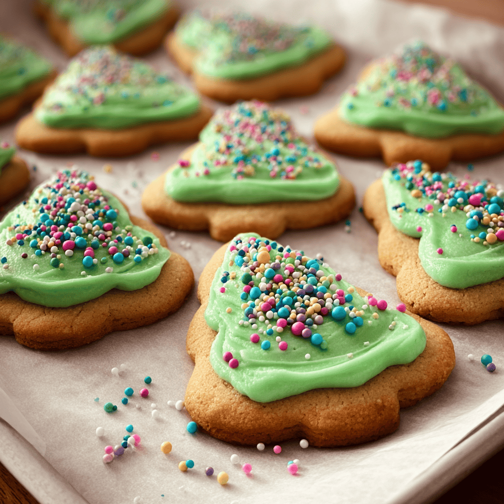 Colorful Christmas tree cookies with green frosting and multicolored sprinkles, perfect for holiday baking.