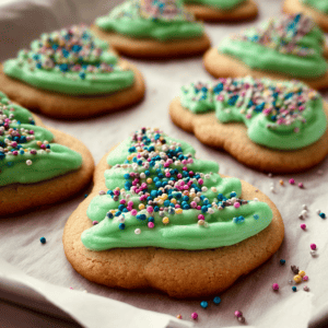 Colorful Christmas sugar cookies with green frosting and sprinkles on white parchment paper.