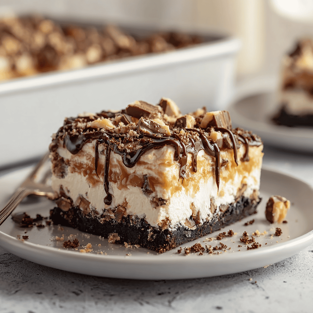 Creamy no-bake cheesecake with chocolate drizzle and nuts, easy dessert recipe.