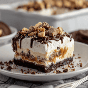 Rich layered cheesecake with chocolate and candy toppings, perfect for dessert lovers, on a white plate.