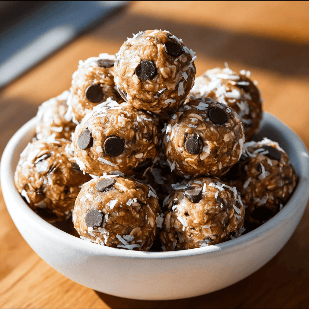 Delicious homemade chocolate chip energy bites in a white bowl.