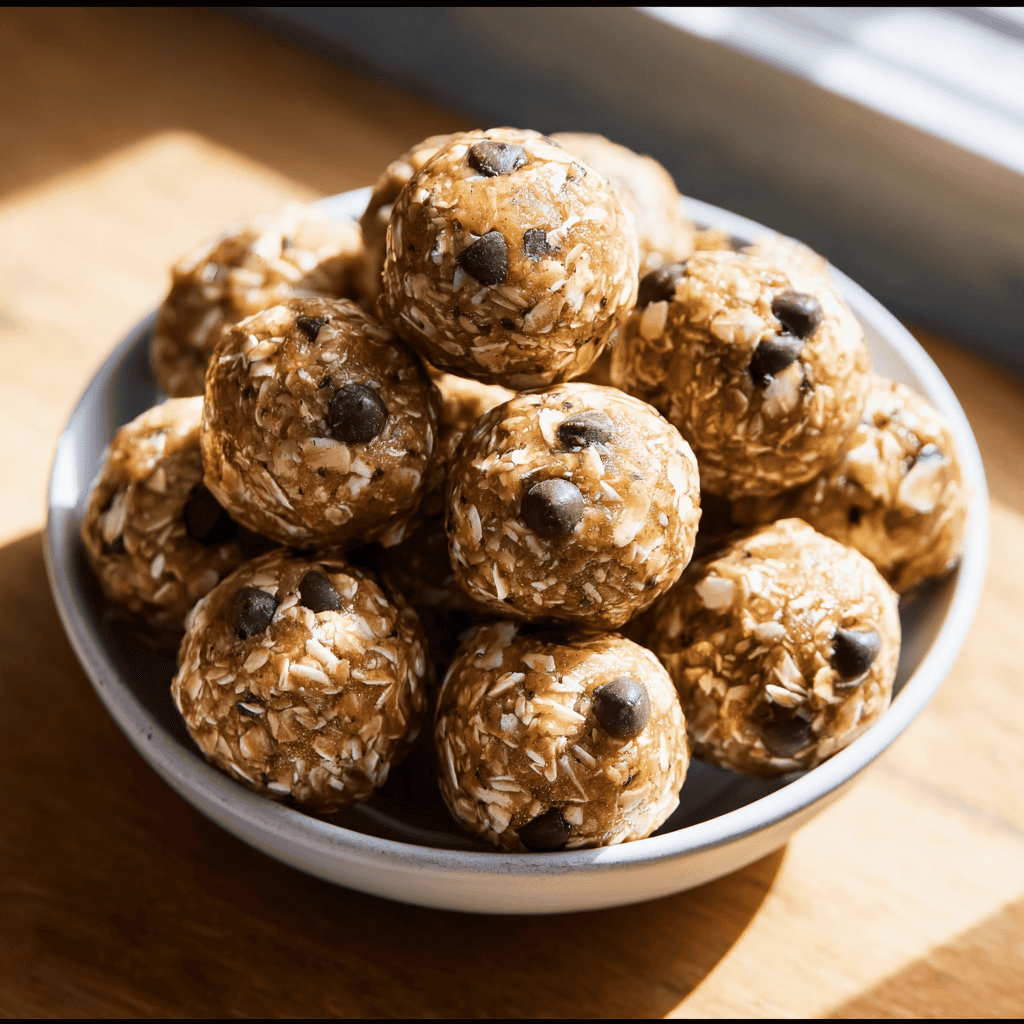No bake energy bites with oats, peanut butter, honey, and chocolate chips on a white bowl.