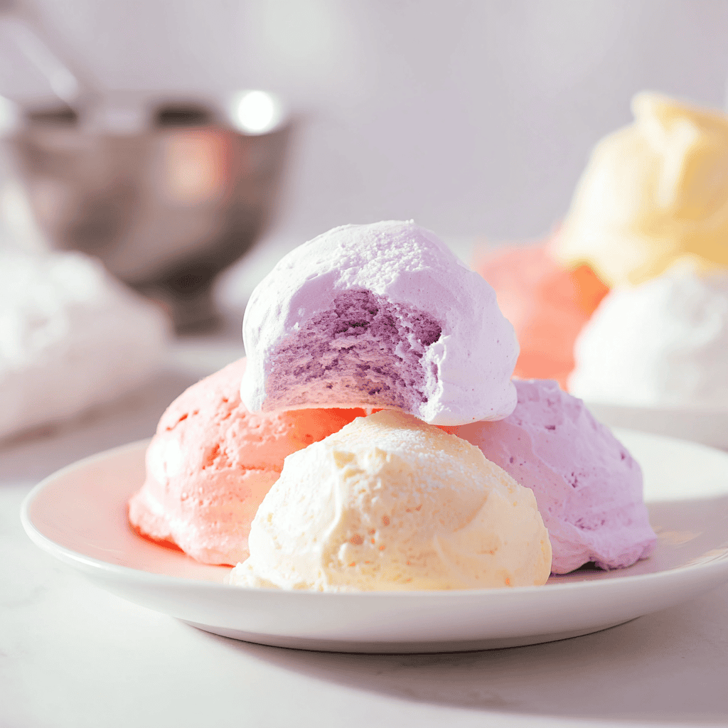 Light pink, purple, and white homemade ice cream scoops on a white plate for dessert recipes.