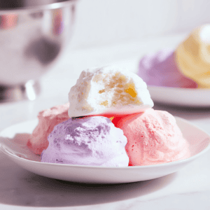Colorful marshmallow scoops served on a white plate.