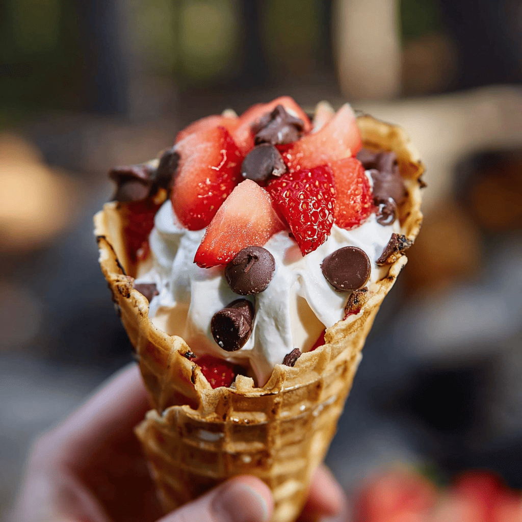 Fresh strawberry and chocolate chip ice cream cone with whipped cream.