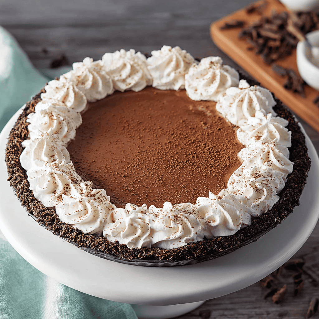 Rich chocolate cake with whipped cream topping and chocolate crumbs.