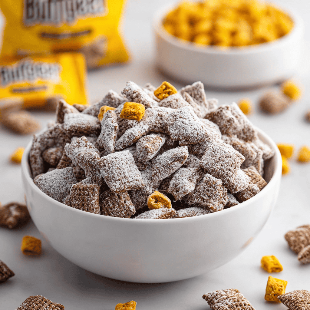 Crunchy cereal snack coated in powdered sugar with small cereal pieces on top and scattered around.