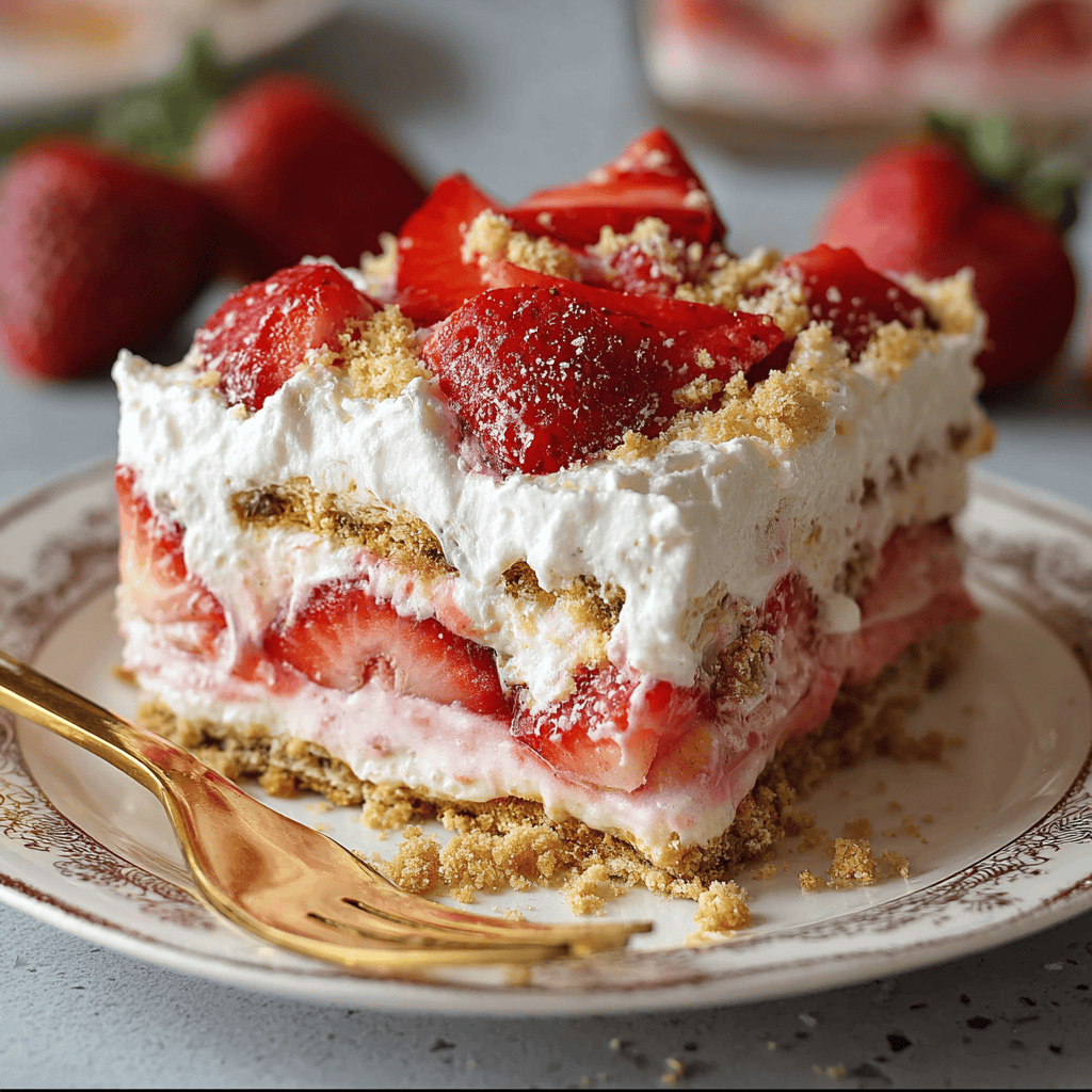 Fresh strawberry layered dessert with whipped cream and crumbly graham cracker crust.