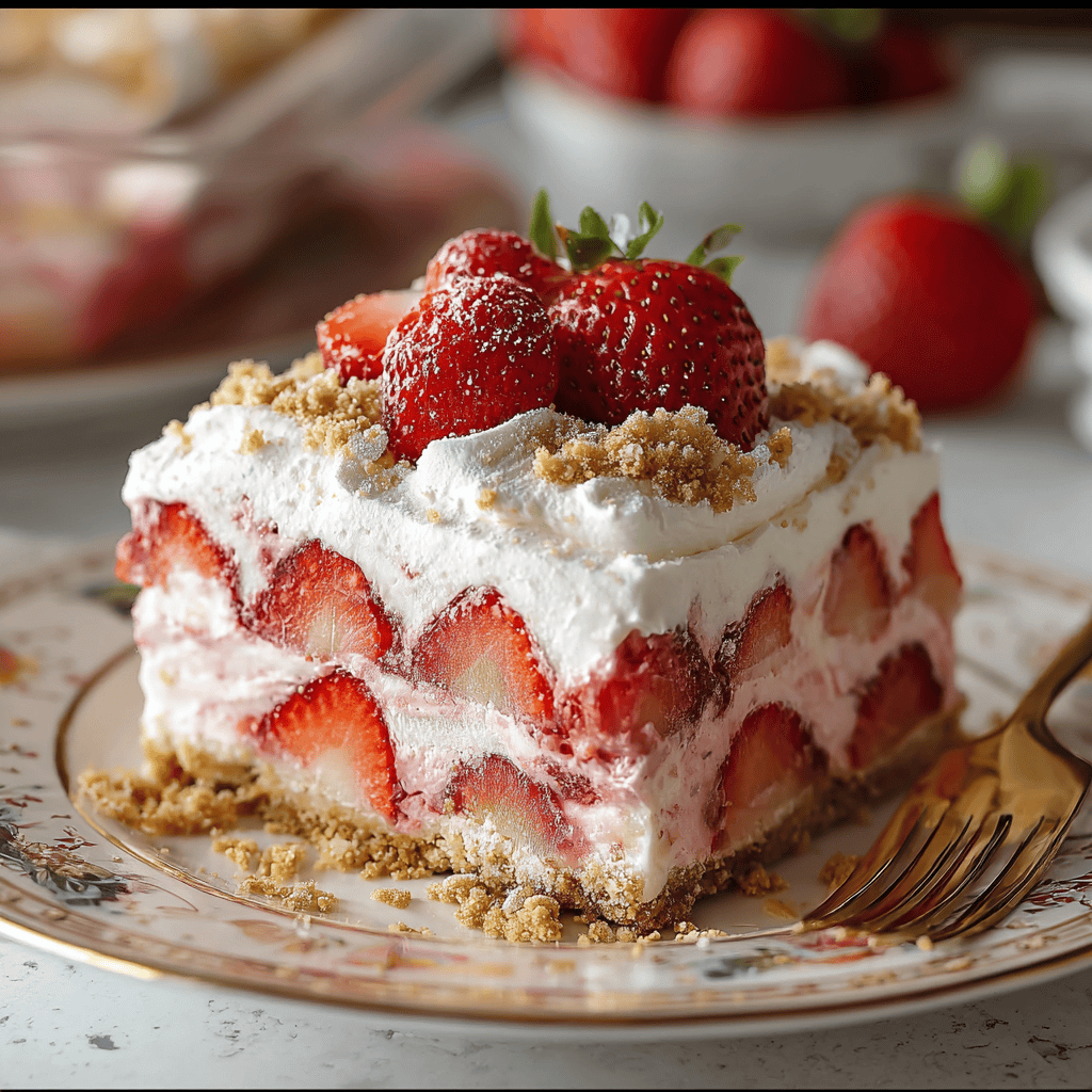 Fresh strawberry layered dessert with cream and streusel topping, perfect for summer or special occasions.