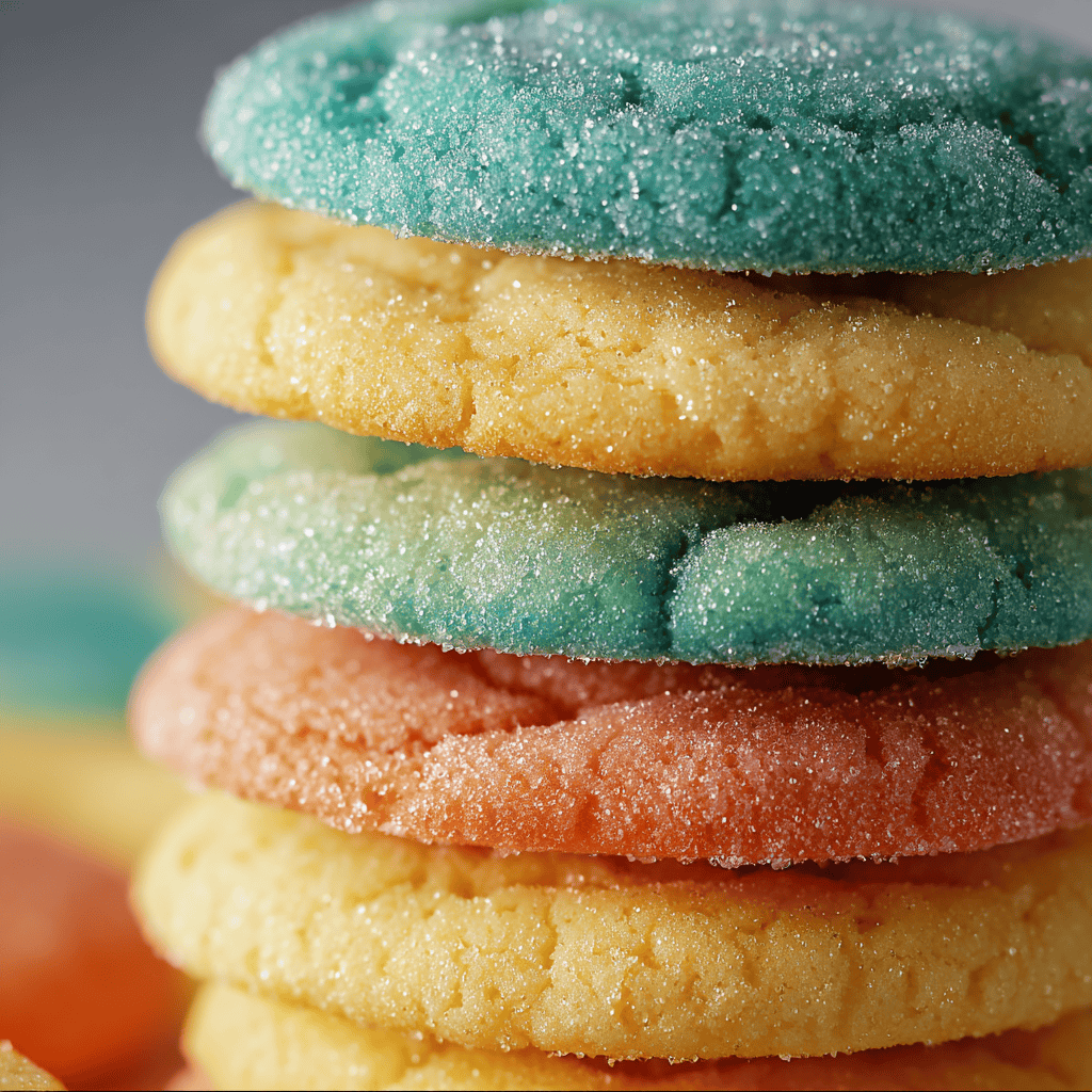 Colorful sugar cookies stacked, close-up, dessert recipes blog.
