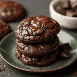 Rich chocolate cookies stacked on a green plate with broken pieces and cocoa powder.