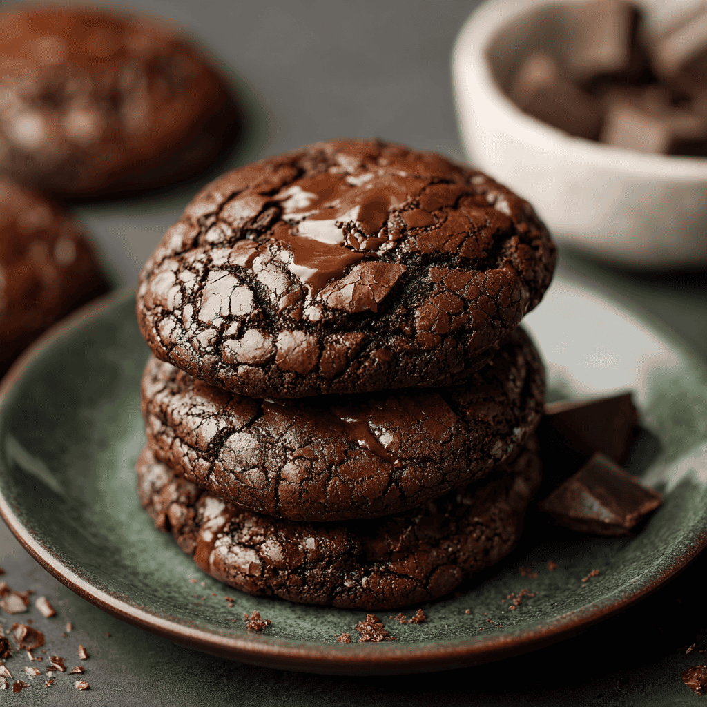Rich chocolate cookies stacked on a green plate with broken pieces and cocoa powder.