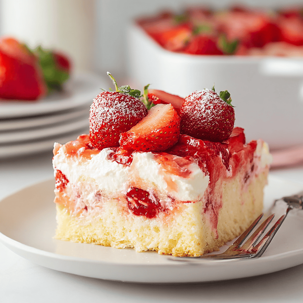 Fresh strawberry shortcake with whipped cream, perfect for summer desserts.