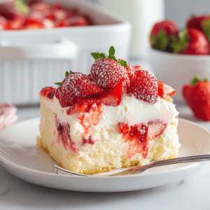 Fresh strawberry shortcake with whipped cream and powdered sugar on white plate, dessert recipes blog.