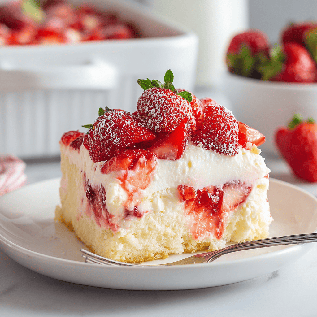 Fresh strawberry shortcake with whipped cream and powdered sugar on white plate, dessert recipes blog.