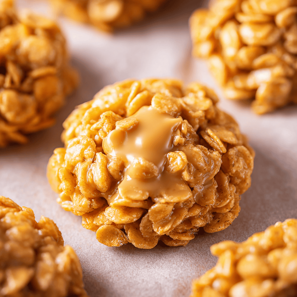 Golden caramel peanut granola bites with melted caramel drizzle. Perfect sweet snack or dessert. Easy to make at home.