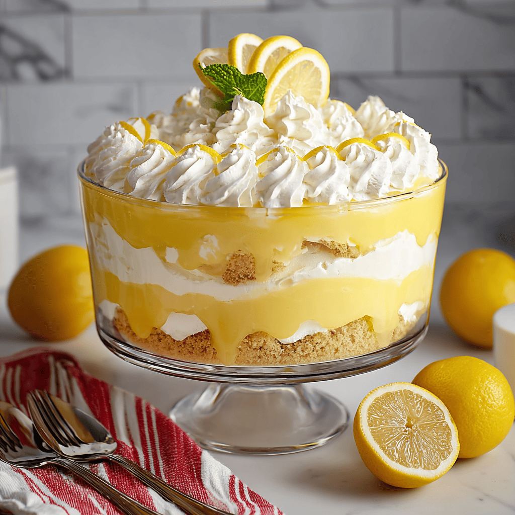 Lemon dessert trifle with whipped cream, lemon curd, and cookie layers in a glass dish.
