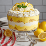 Lemon dessert trifle with whipped cream and lemon slices in glass dish.