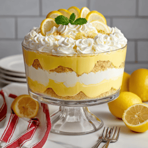 Lemon dessert trifle with whipped cream and lemon slices in glass dish.