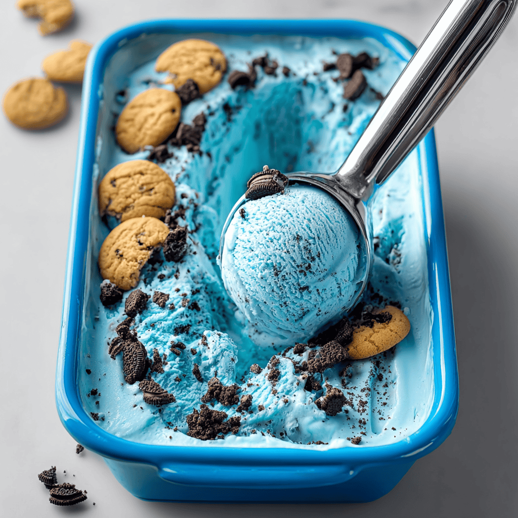Creamy blue cookies and cream ice cream with chocolate cookie chunks and Oreo crumbs in a blue box.