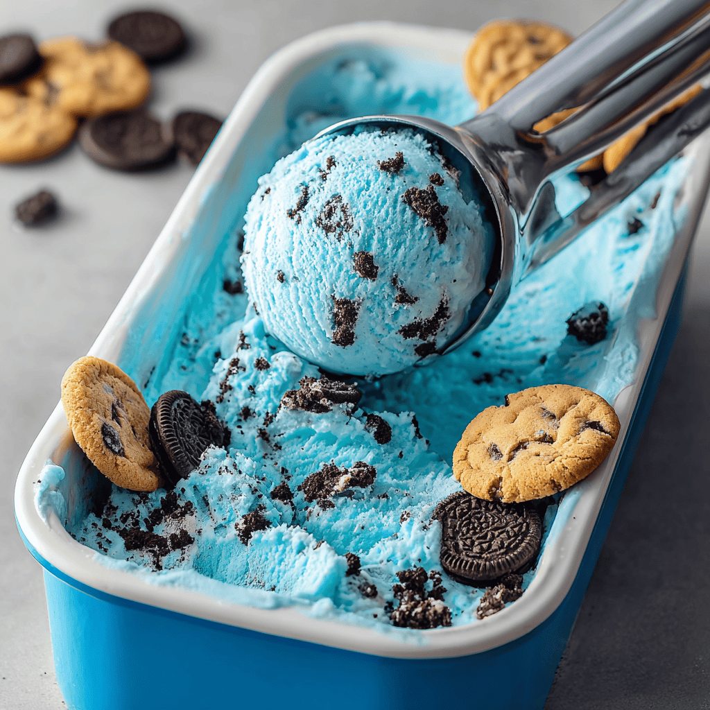 Blue cookies and cream ice cream with Oreo crumbs in a ice cream container, scoop, fresh dessert.