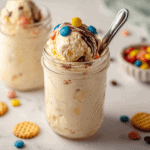 Creamy vanilla ice cream in a jar topped with chocolate drizzle and colorful candy-coated chocolates, served with a spoon.