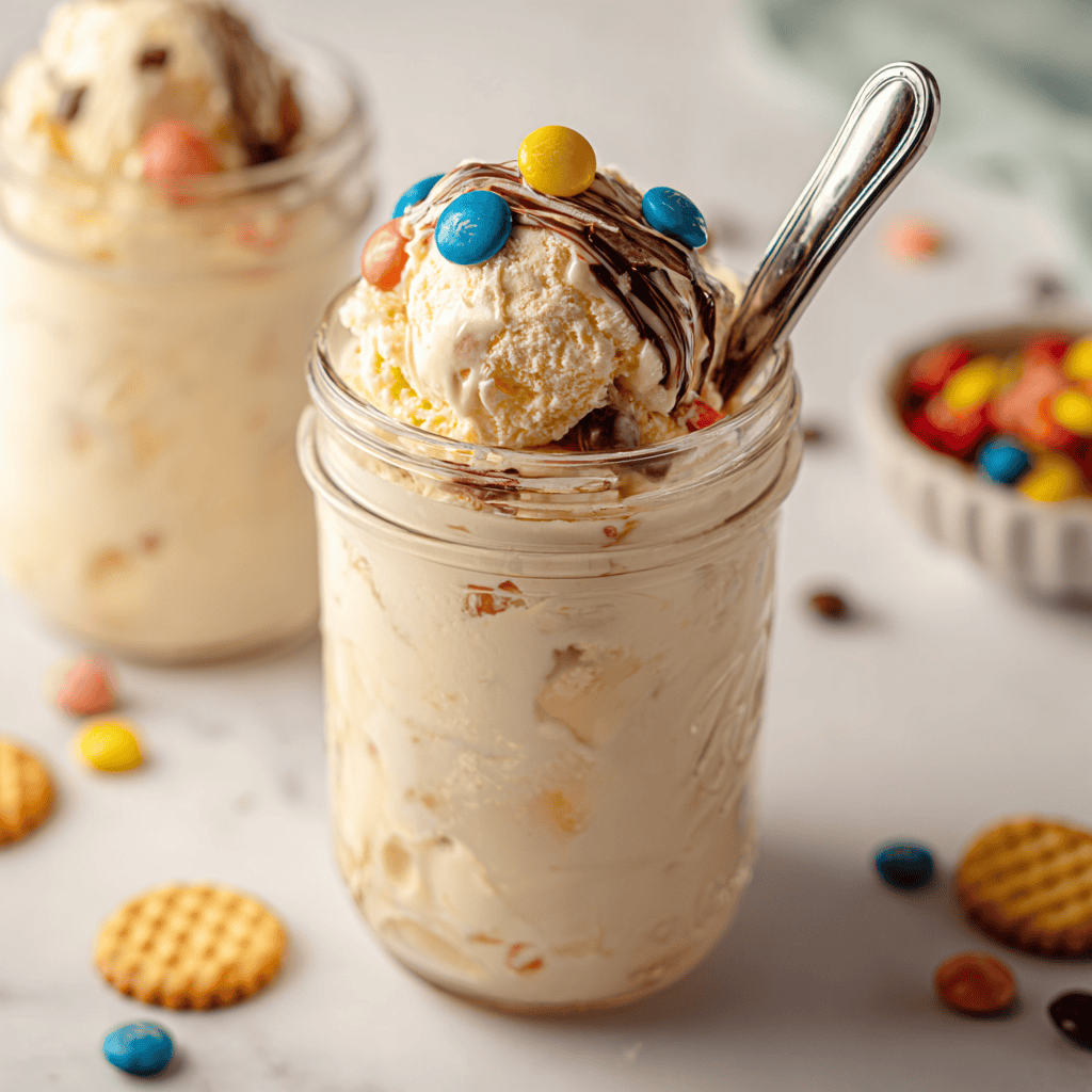 Creamy vanilla ice cream in a jar topped with chocolate drizzle and colorful candy-coated chocolates, served with a spoon.