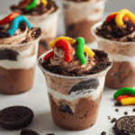 Creamy Oreo chocolate dessert with colorful gummy worms and cookie crumbles in a clear cup.