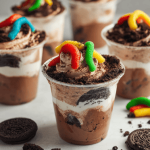 Creamy Oreo chocolate dessert with colorful gummy worms and cookie crumbles in a clear cup.