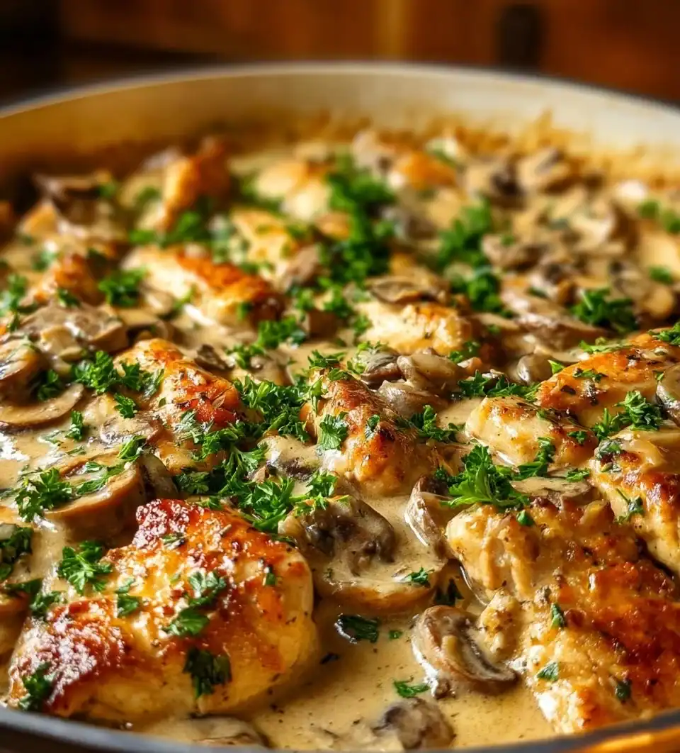 Baked Chicken Stroganoff with creamy sauce and tender chicken served in a bowl.