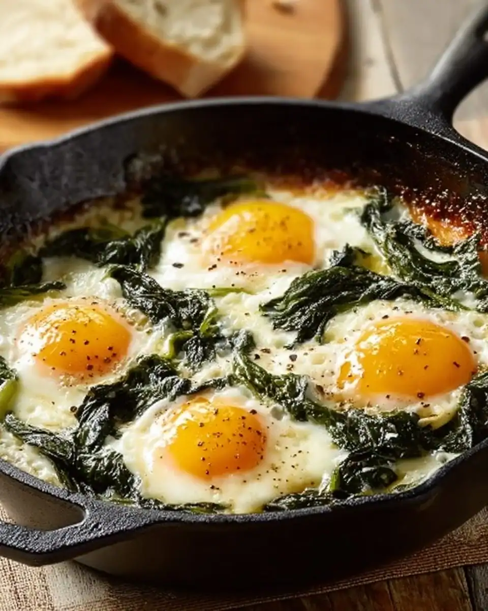 Delicious Baked Eggs Florentine served in a baking dish with spinach
