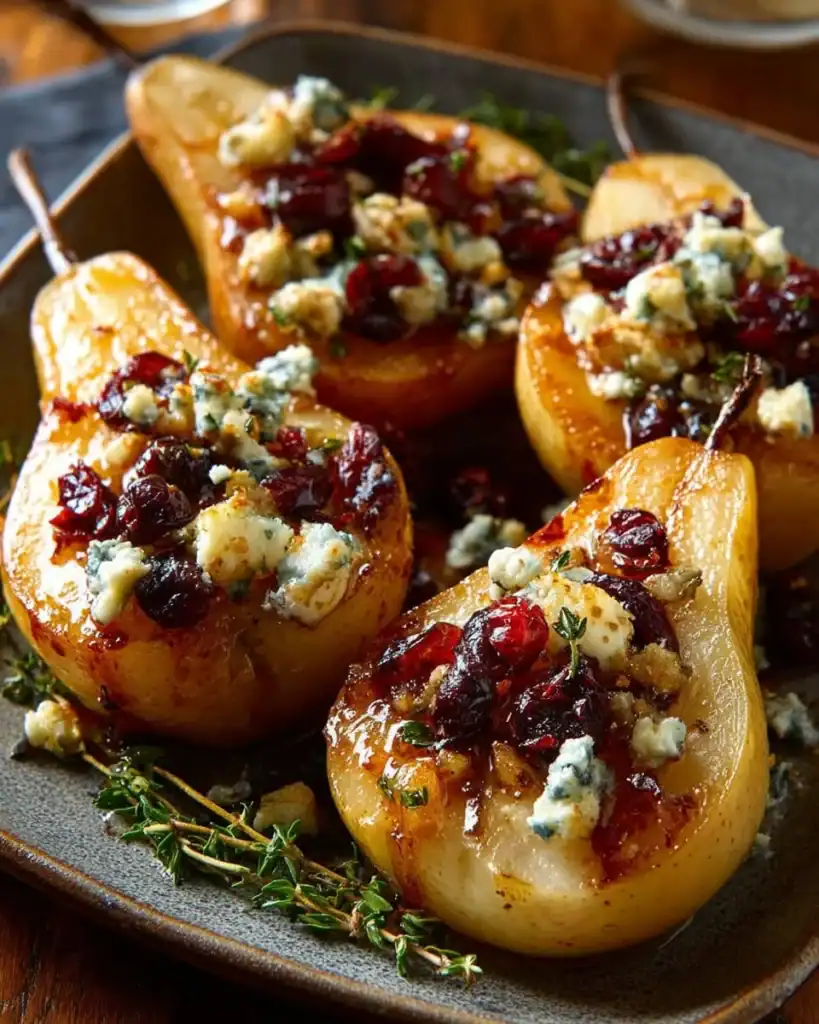 Delicious baked pears topped with feta, honey, and cranberries.