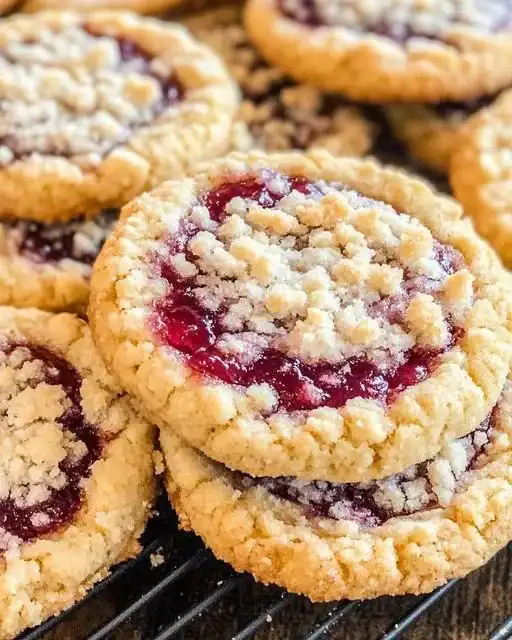 Buttery raspberry crumble cookies with sweet jam filling on a plate