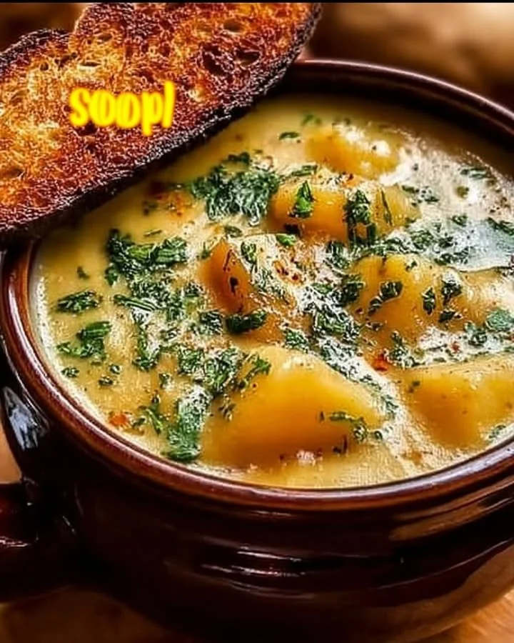 Bowl of Cheddar Garlic Herb Potato Soup topped with fresh herbs and cheddar cheese