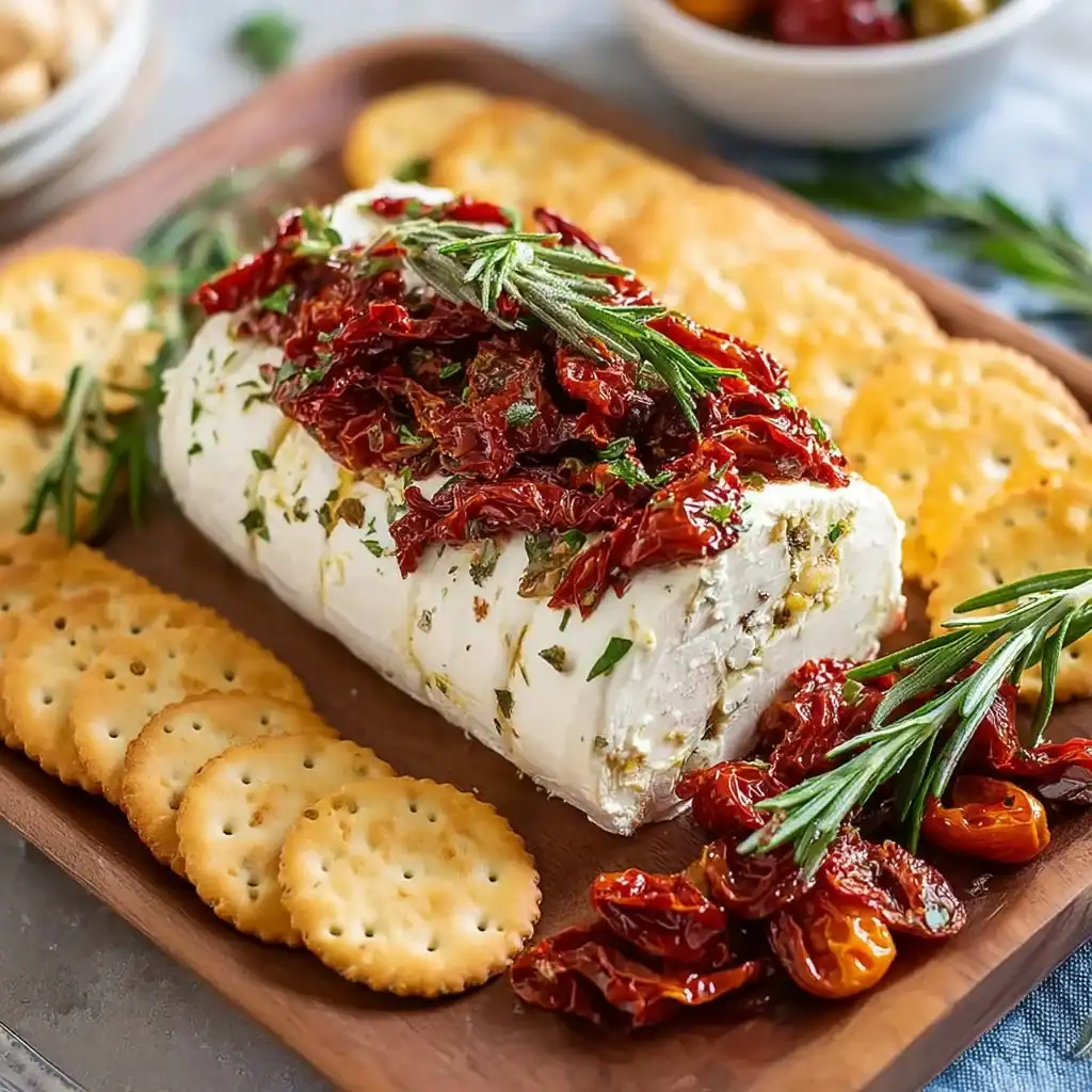 Cheese log appetizer with herbs and nuts on a wooden board