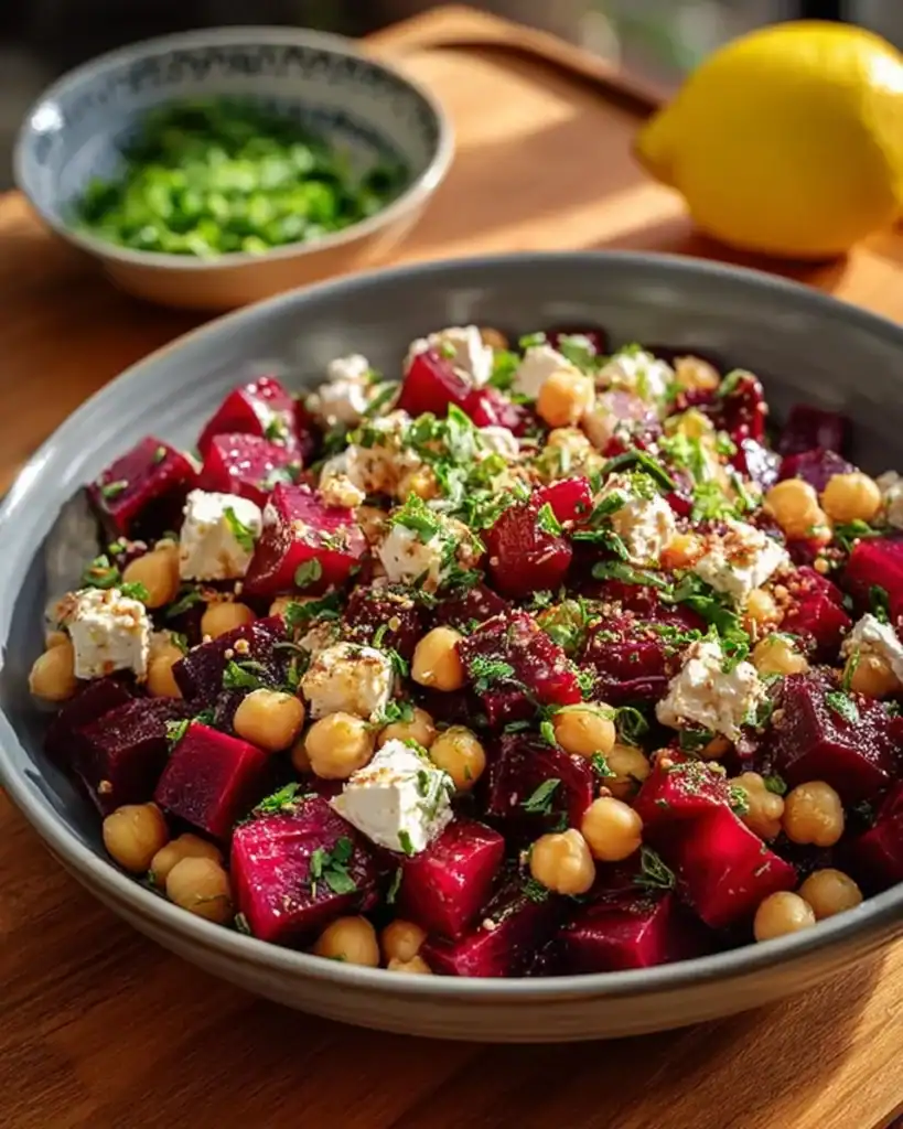 Chickpea Beet Feta Salad with fresh ingredients and colorful presentation