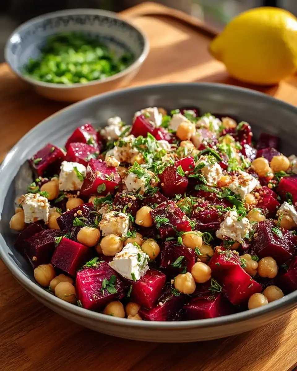 Chickpea Beet Feta Salad with fresh ingredients and colorful presentation
