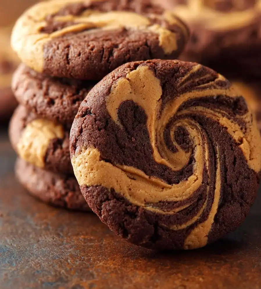 Delicious chocolate peanut butter swirl cookies stacked on a plate