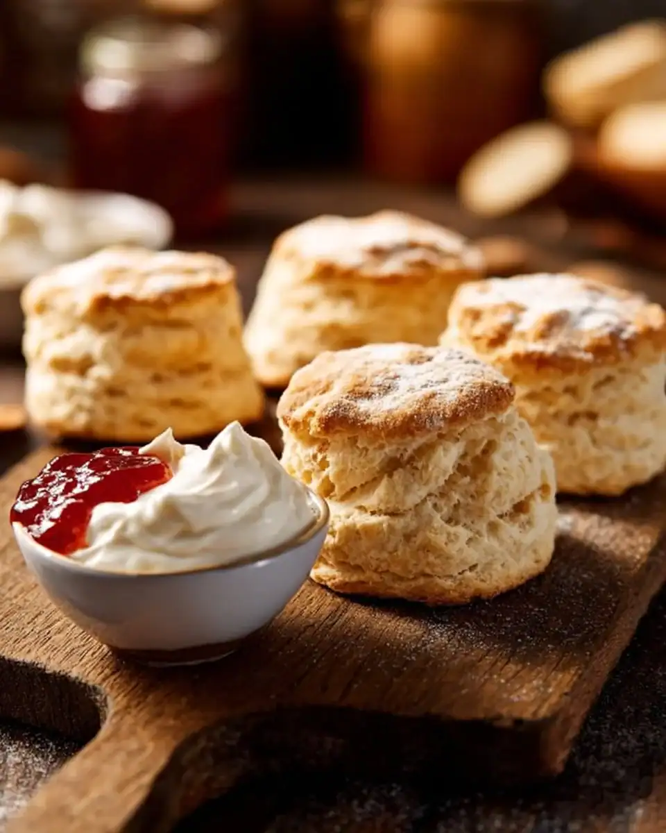 Delicious freshly baked classic scones on a wooden board