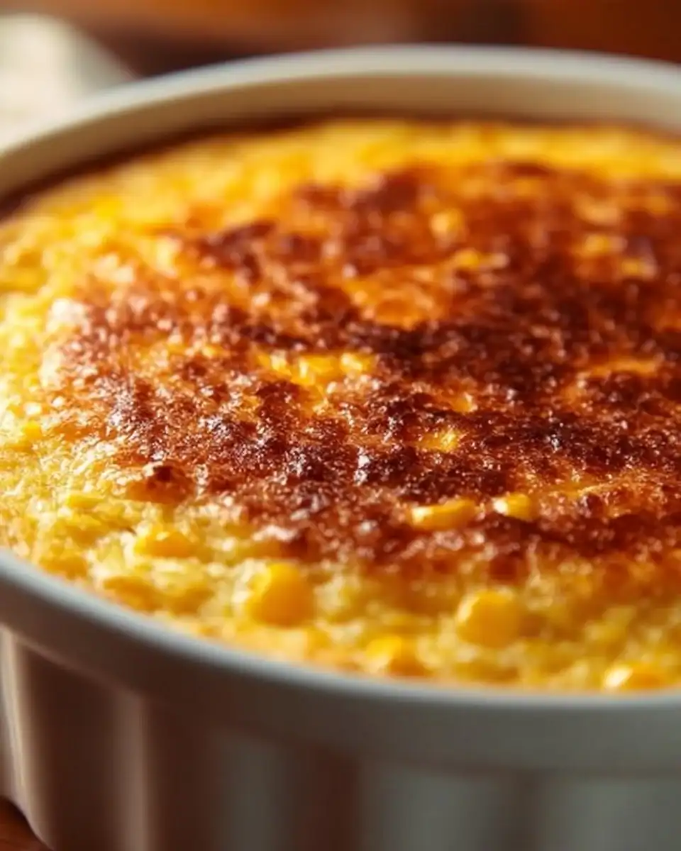 Delicious corn pudding served in a bowl, showcasing its creamy texture and sweet corn kernels.