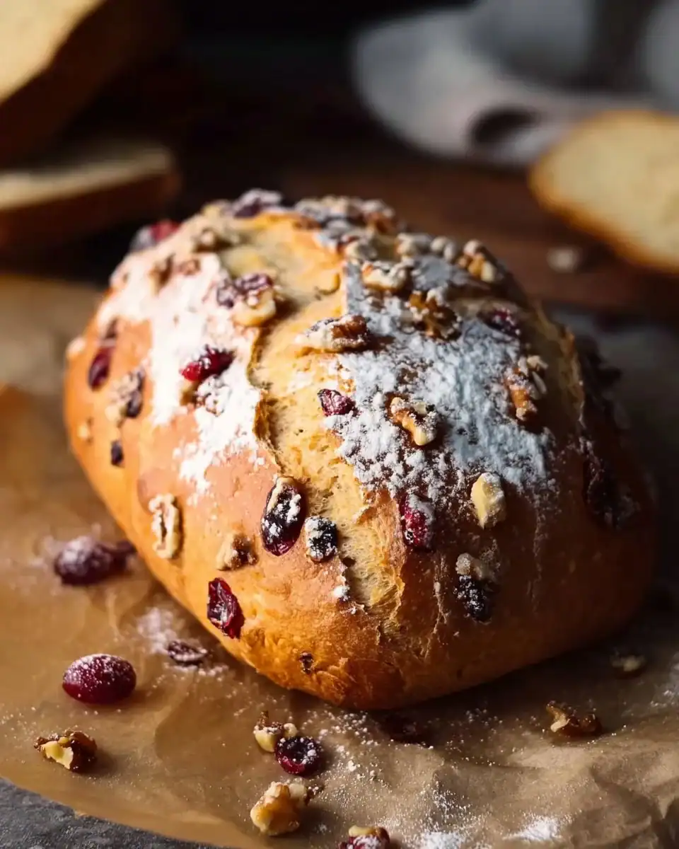 Loaf of Costco Cranberry Walnut Bread with cranberries and walnuts
