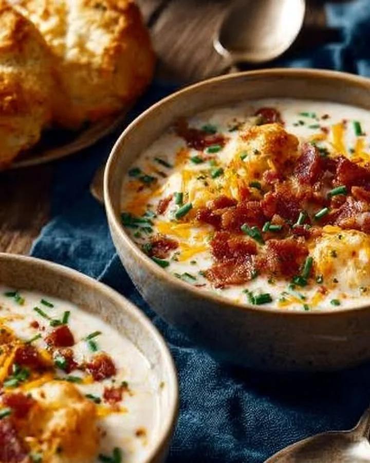 Bowl of creamy Crack Potato Soup topped with green onions and crispy bacon.
