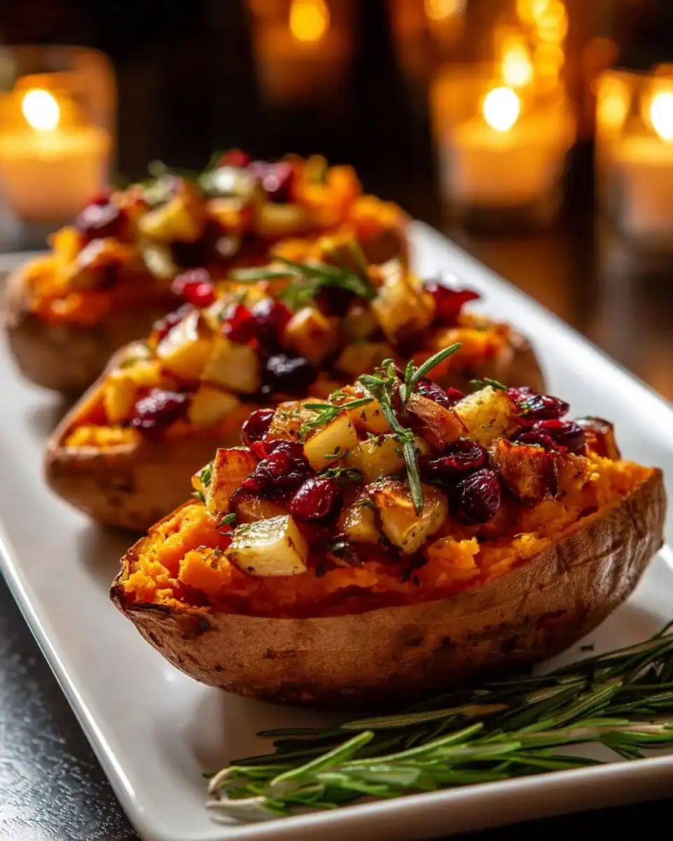 Cranberry apple twice-baked sweet potatoes topped with herbs and spices