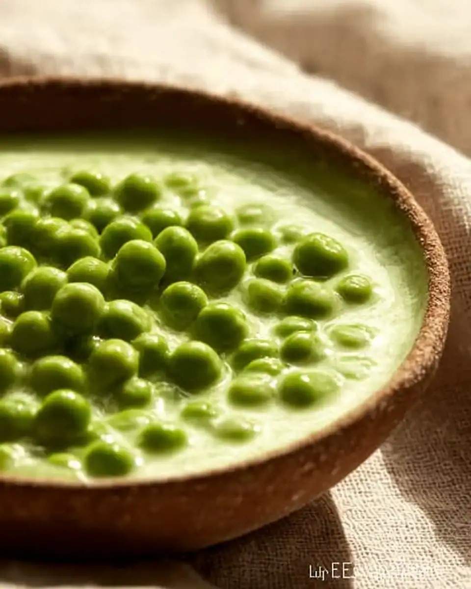 Creamed peas served in a bowl, highlighting their creamy texture and vibrant color.
