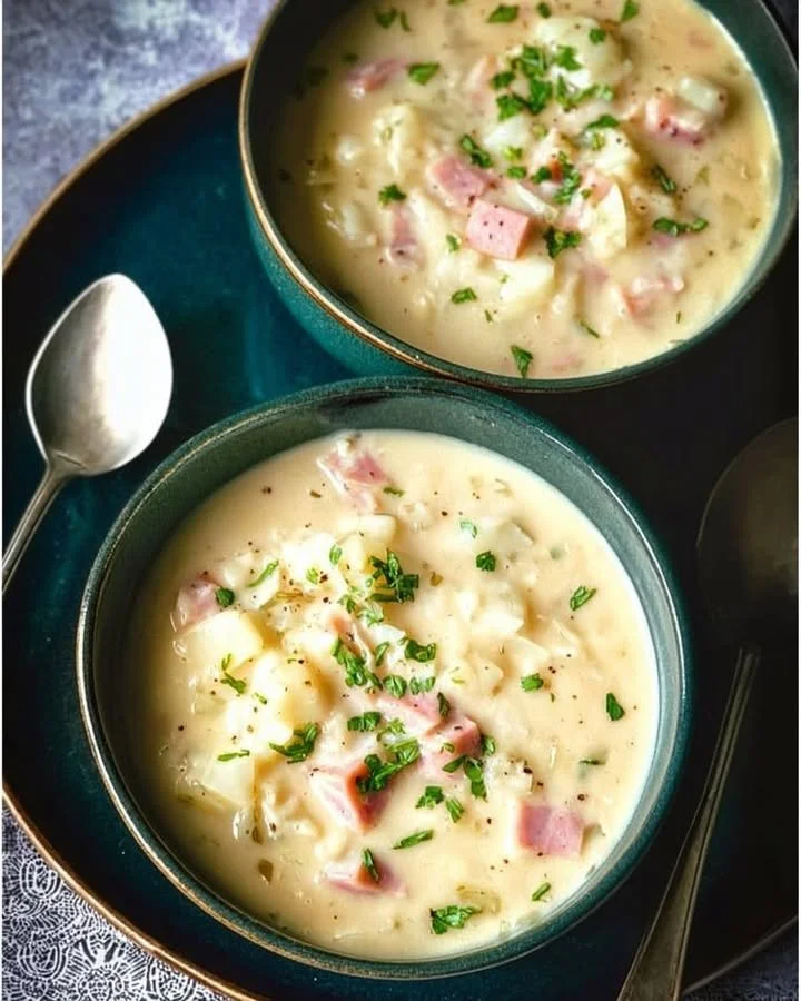 Bowl of creamy cabbage and potato soup garnished with herbs