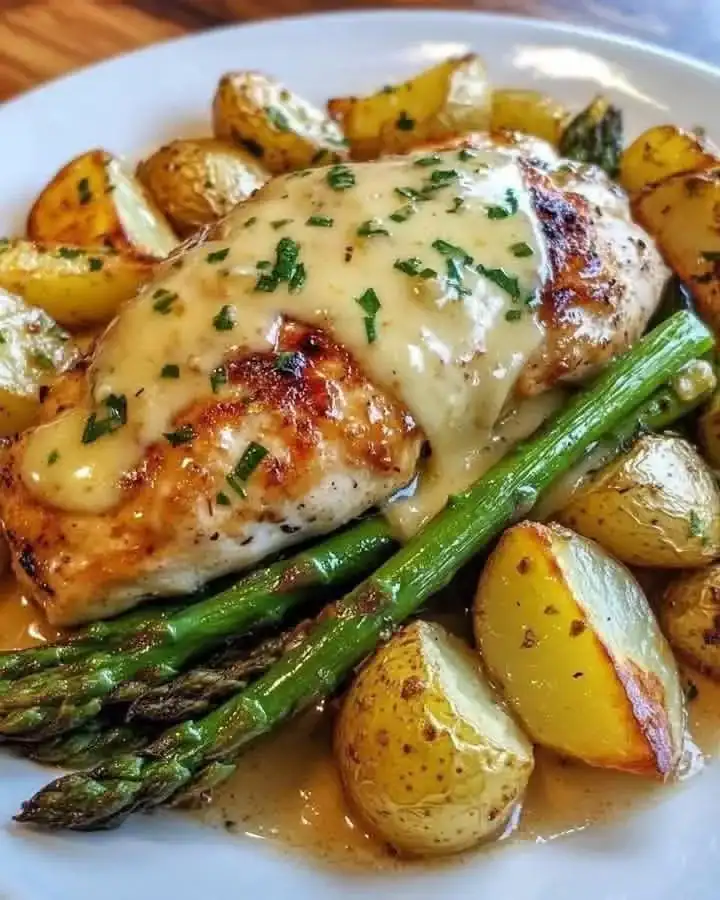 Creamy garlic butter chicken dish served with roasted potatoes and asparagus