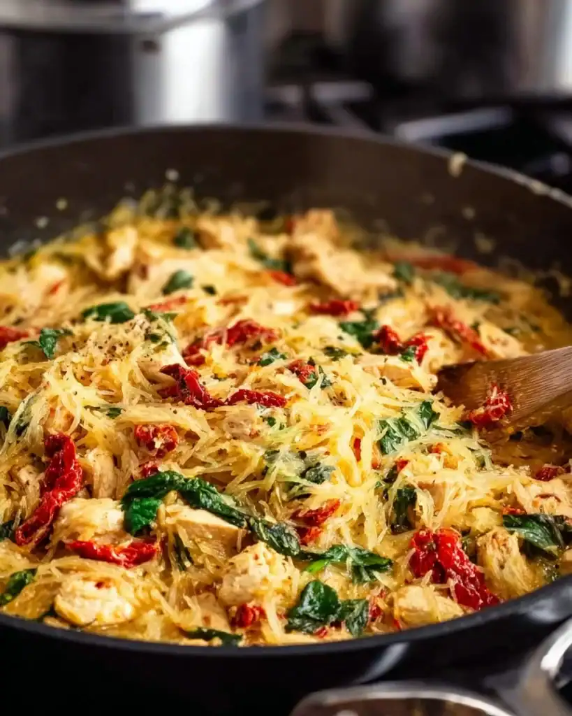 Creamy Tuscan chicken served with spinach and sun-dried tomatoes