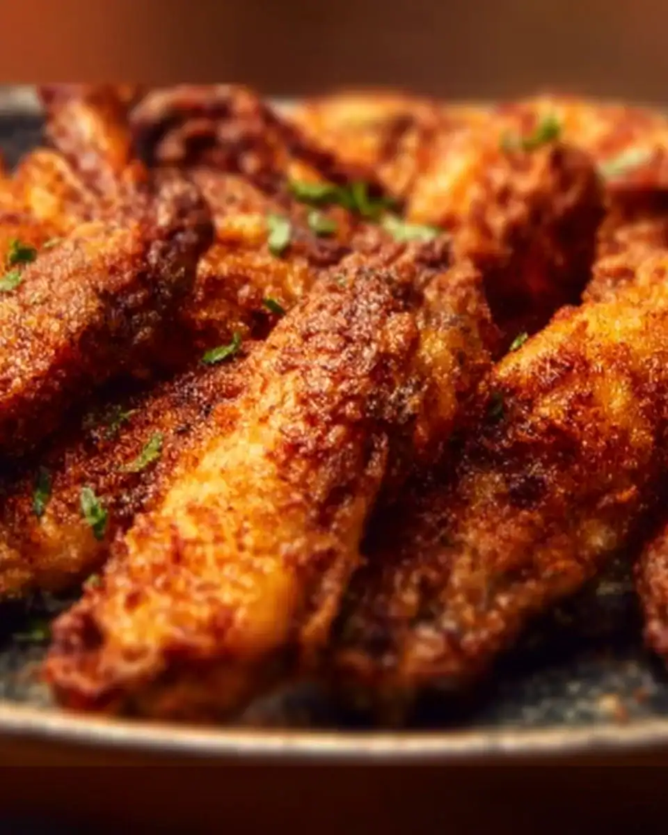 Plate of crispy dry rub chicken wings garnished with herbs