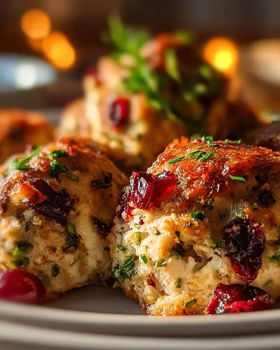 Delicious festive cranberry turkey stuffing balls served on a platter